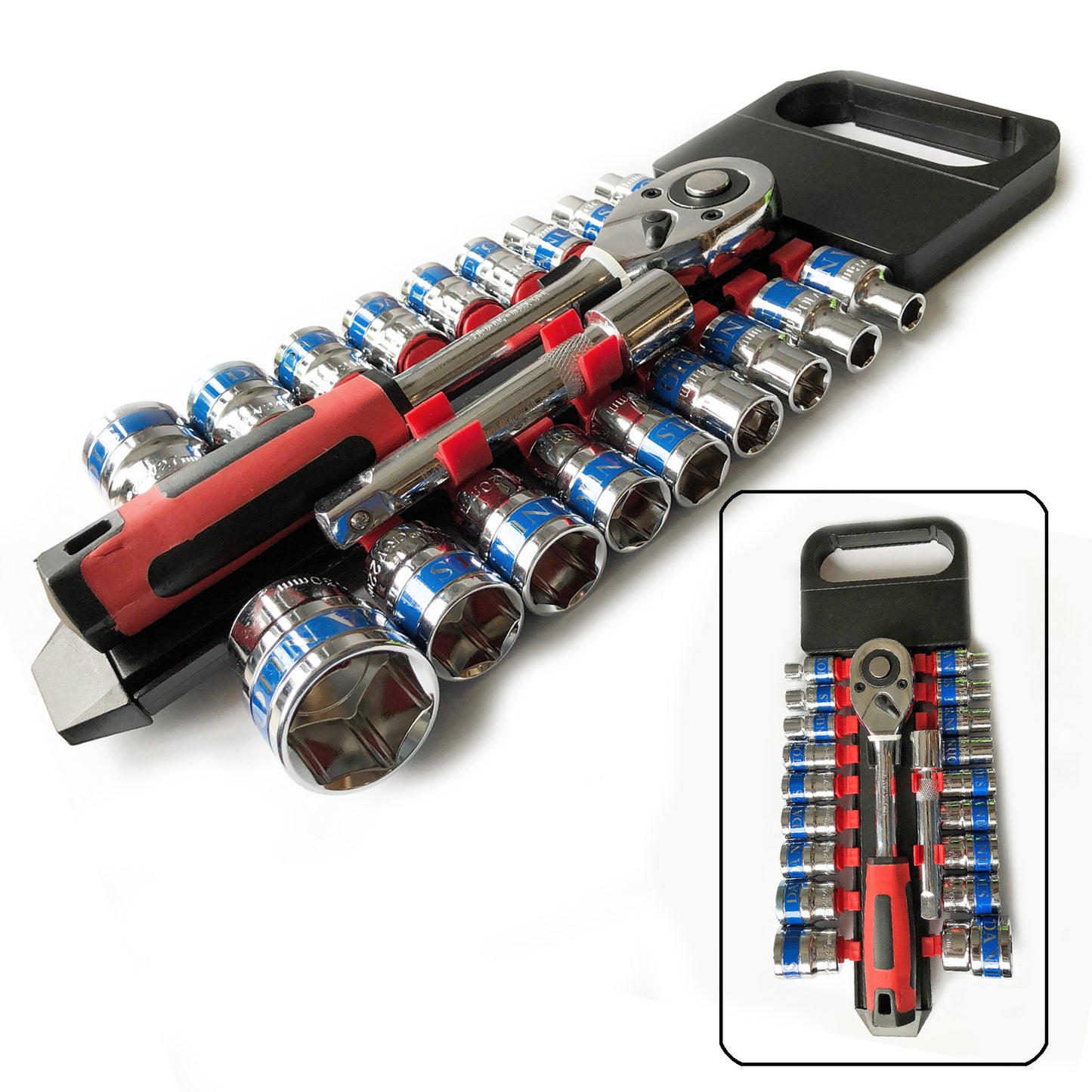 19 Piece 1/2 Drive Ratchet and Metric 8mm - 30mm Socket Set and Holder Storage