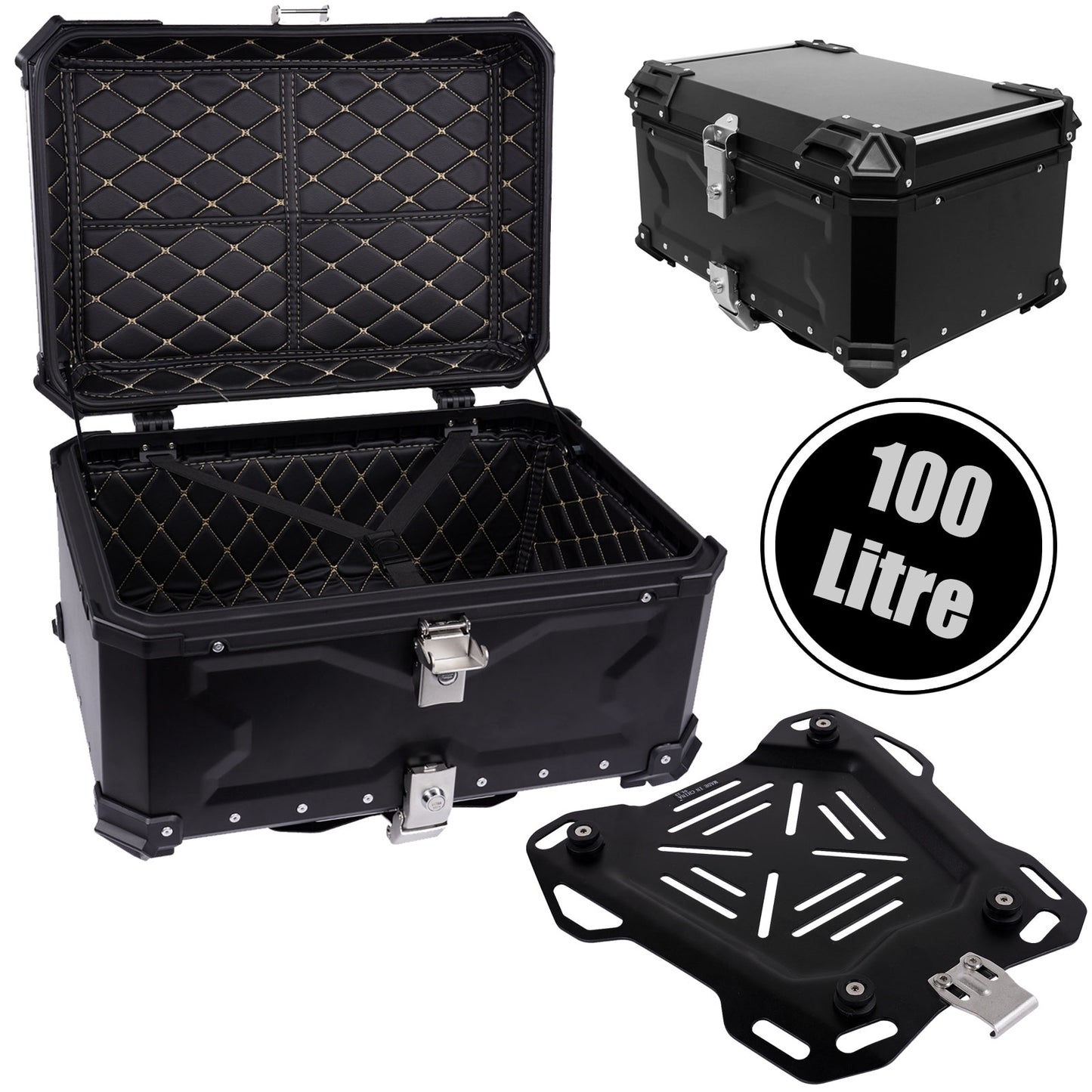 100L Bike-It Aluminium Top Box Black with Mounting Plate